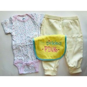 Girl's Size 9M 6-9 Months 3 Pc White Floral Gerber Top, Yellow Pants + Bib